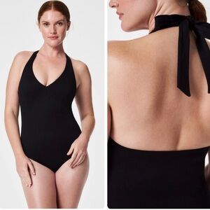 NWT SPANX Pique Shaping Halter One Piece Swimsuit Black XL